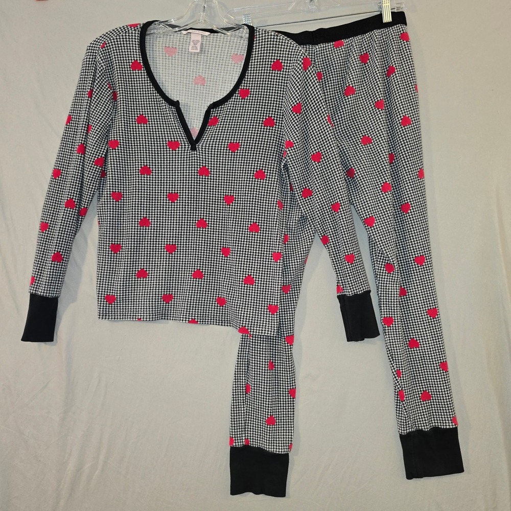 Victoria's Secret Pajama Set L Women Black White Houndstooth Heart Thermal